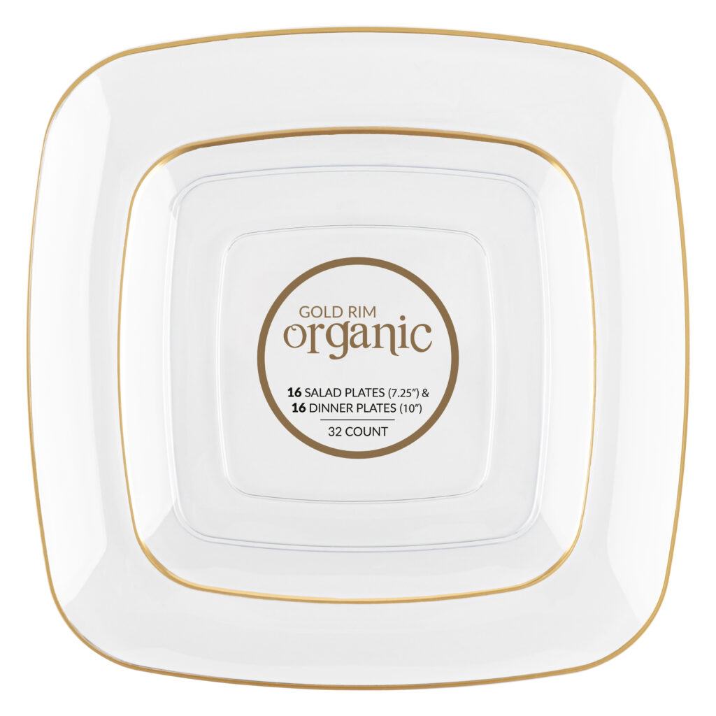 Organic Square Plates Clear/Gold Rim Combo 7.25" & 10"